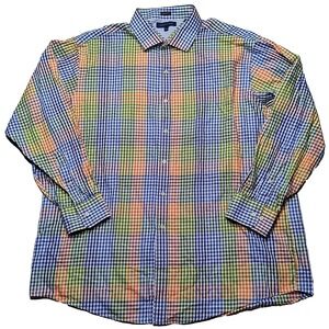 TOMMY HILFIGER‎ Men 18 34-35 Regular Fit Blue Green Orange Check Cotton Shirt